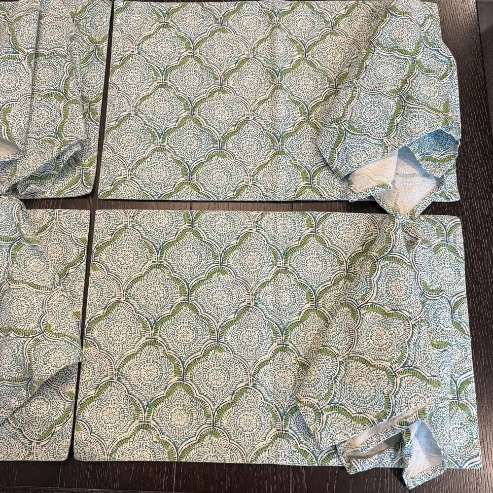 Set‎ Of 4 Blue Green & White Block Print Placemats & Cloth Napkins Boho Print